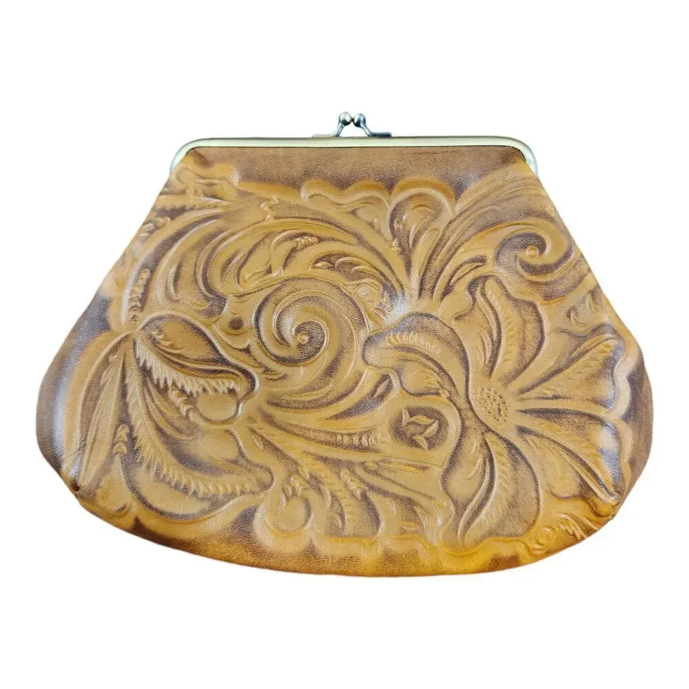 Patricia Nash Savena tooled brown leather clutch kisslock wallet missing strap
